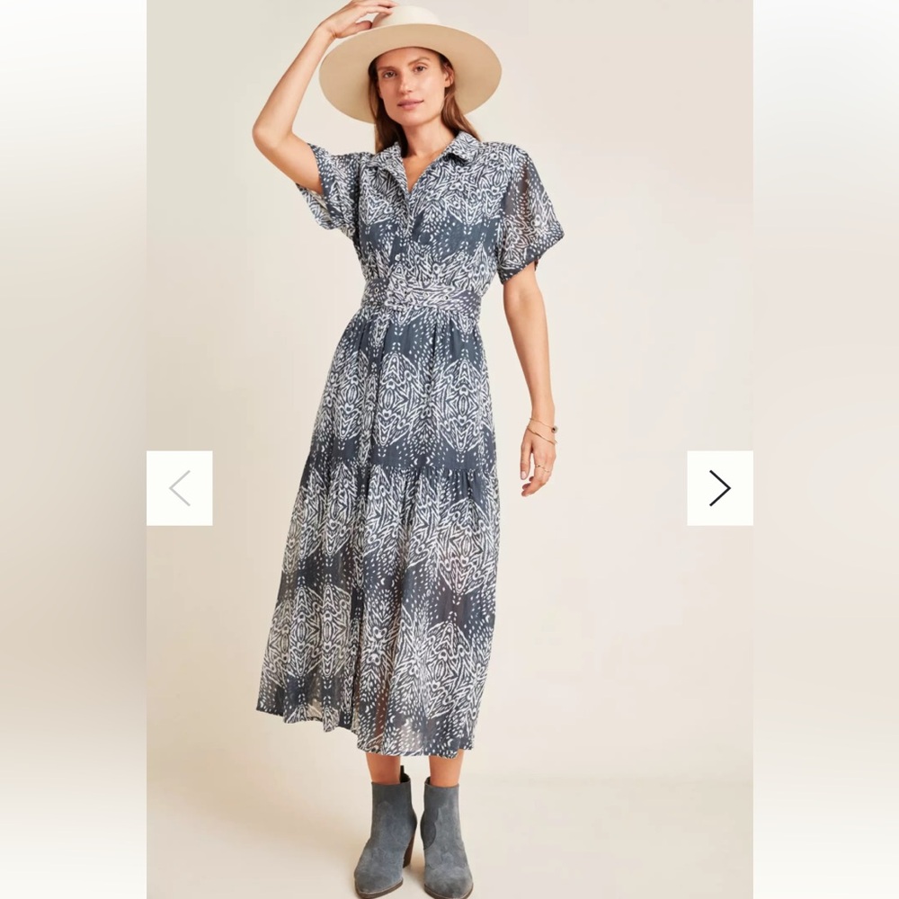 NWT Anthropologie Steele Lidy Belted Tiered Printed Shirt Midi Blue Dress M $288